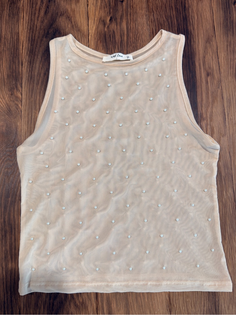 Wild Love Sheer Pearl-Embellished Nude Mesh Tank